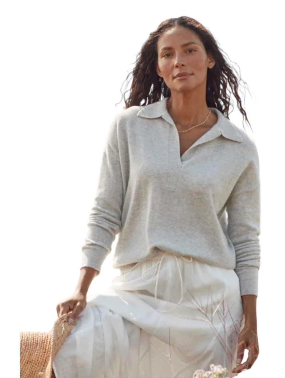 Garnet Hill Essential Cashmere Polo Sweater In Heathered Gray Large